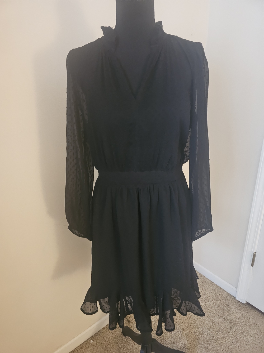 LOFT Black Long Sleeve Ruffle Neck Dress